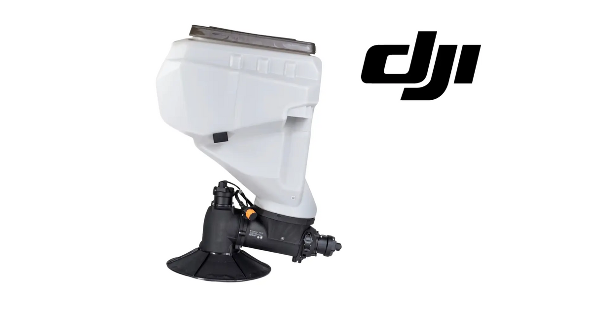 White hopper dispenser with black base and side-mounted mechanism, DJI logo