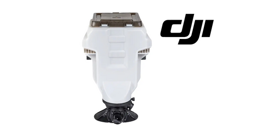 White DJI spreading system hopper with black base, rear view