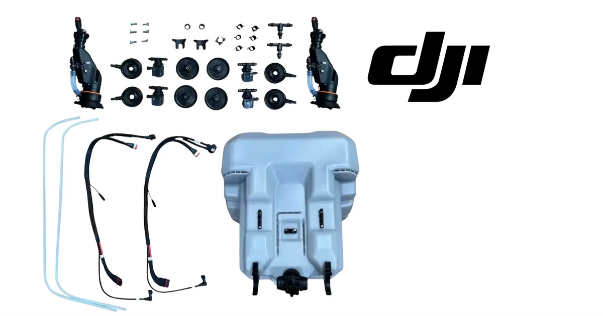Drone kit diagram with light blue enclosure, cables, and hardware parts