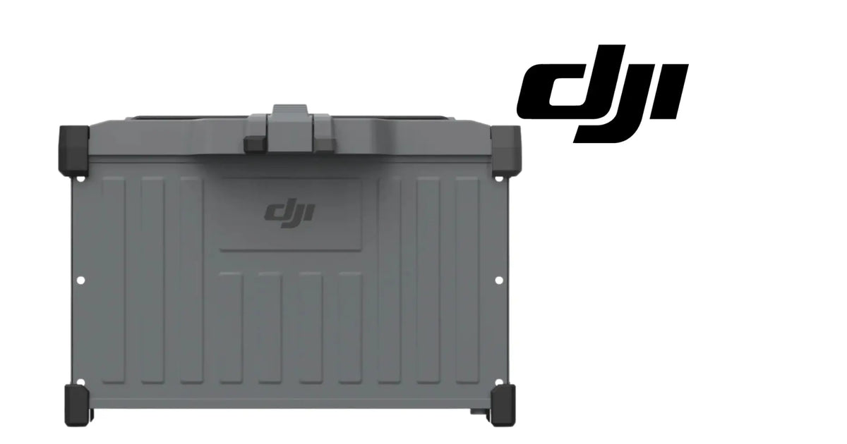 DJI equipment case, dark gray, front view with latches and wheels
