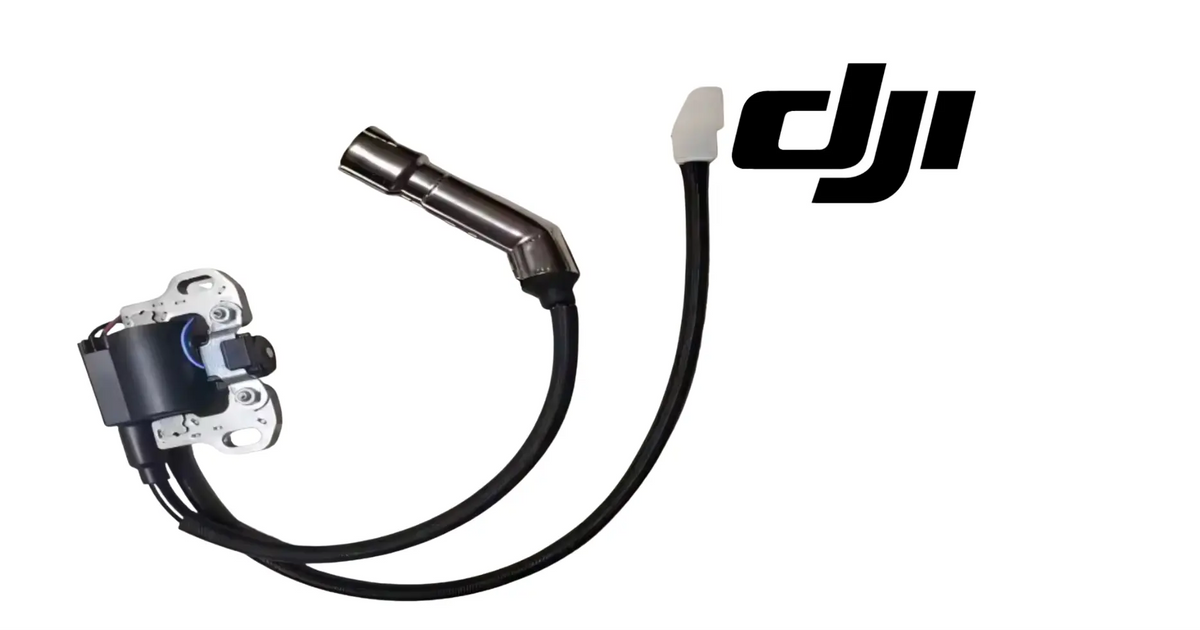 DJI ignition coil module with black two-wire harness and angled metal terminals