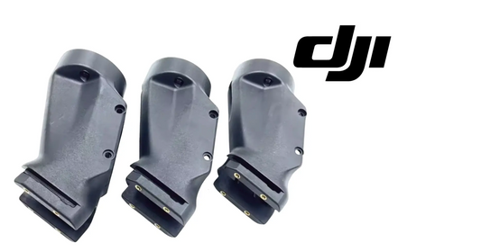 Three DJI spray nozzle cover shells, gray housings with black base and gold screws