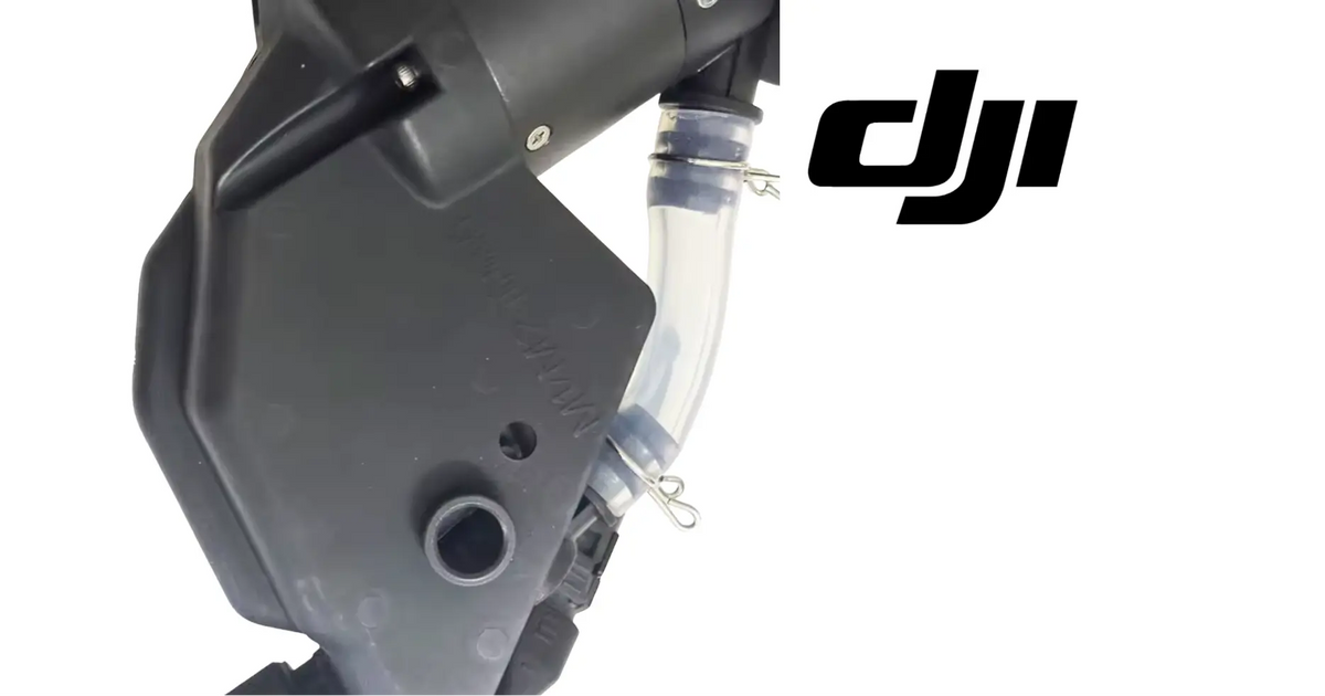 DJI Agras centrifugal nozzle assembly, black housing with inlet pipe and clamp