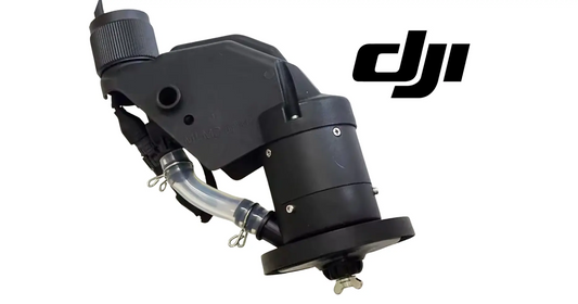 DJI Agras centrifugal nozzle assembly, black housing with hose and mounting bracket