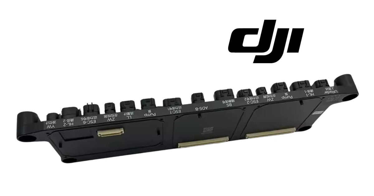 DJI Agras distribution board module PCB, side view with mounted ports and terminals