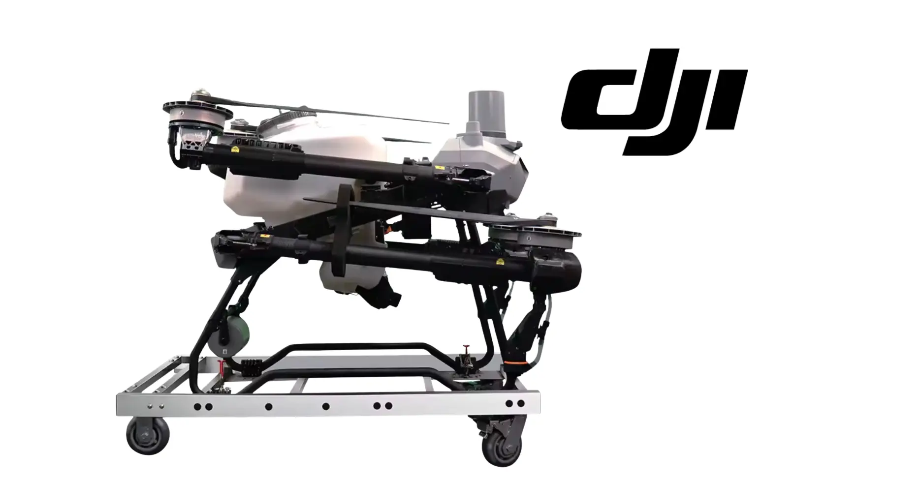 DJI drone on metal transfer cart with mounting frame and caster wheels.
