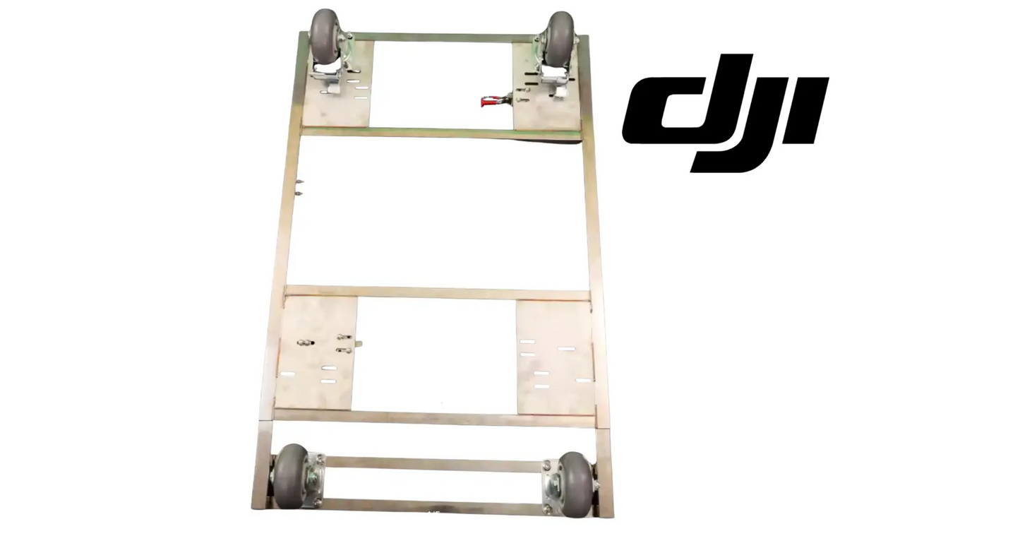 Wood-framed drone transfer cart with caster wheels and side mounting brackets.