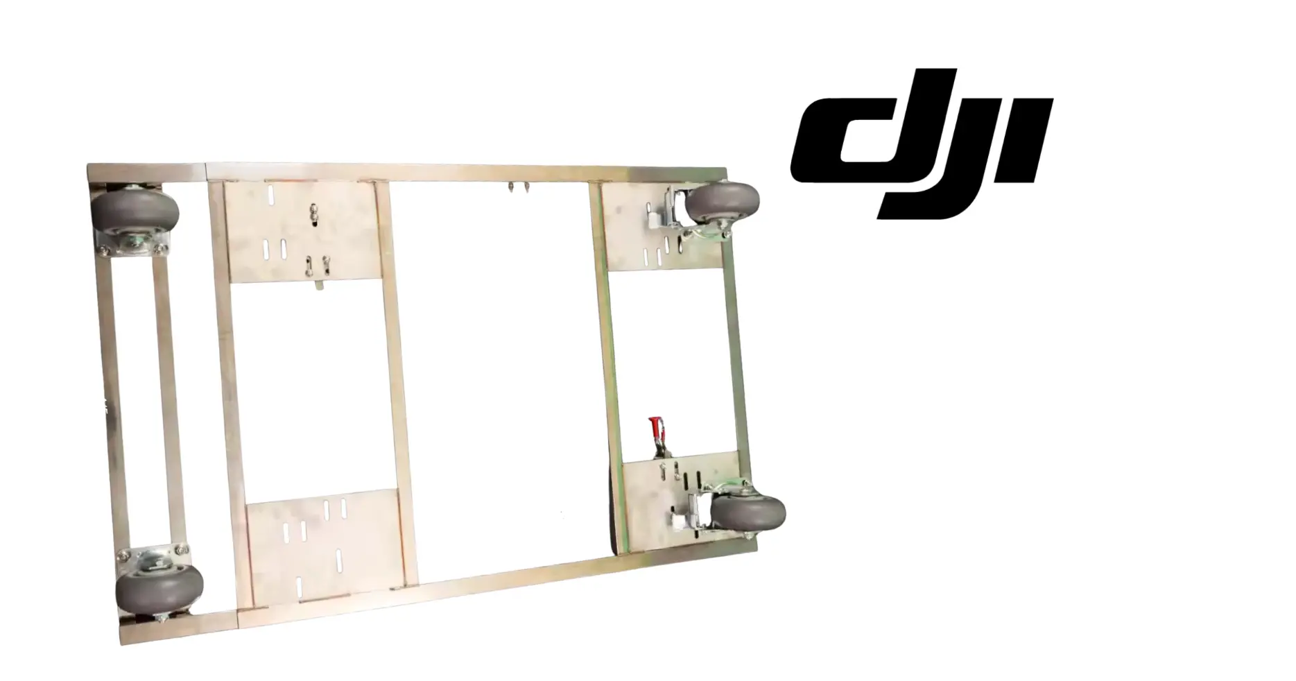 Wooden drone transfer cart with caster wheels and open side frame for mounting.