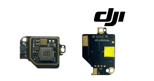 DJI OEM top searchlight PCB shown on both sides, with yellow indicator pad