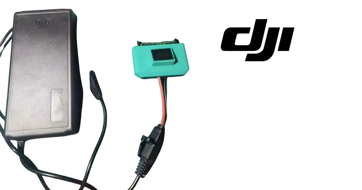 DJI battery maintenance charger module with cable, teal LCD display, black connector