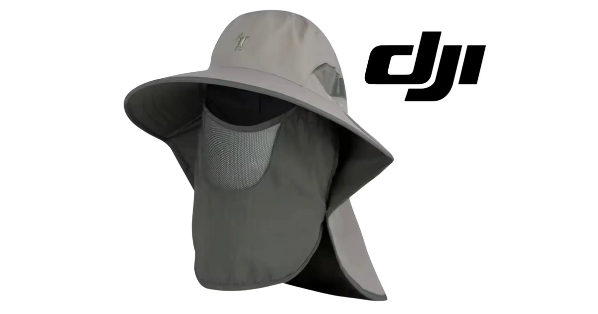 Wide-brim sun hat with neck cape, light khaki top and dark hinged face cover