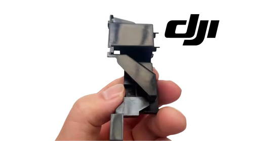 DJI OEM installation bracket, dark plastic and metal tabs in angled view