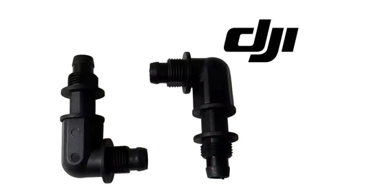 Two black one-way valve elbow fittings with threaded inlet and outlet ports