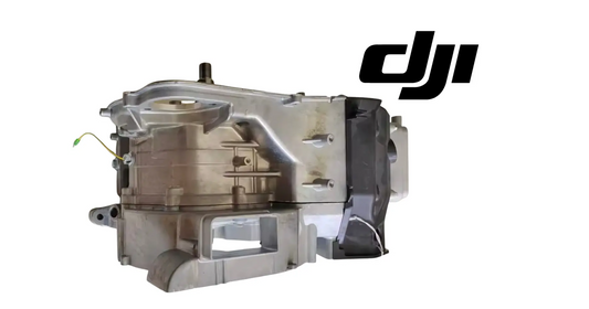 DJI generator engine close-up, silver metal casing with black shroud