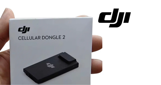 DJI cellular 4G dongle with black module shown in hand