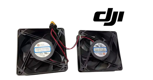 DJI Agras T50 cooling dual-fan assembly: two black square fans with red/black wiring