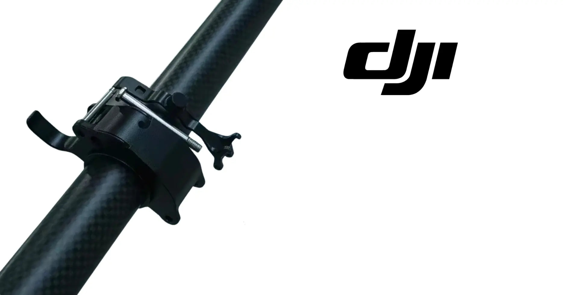 DJI Agras arm buckle module, black clamp secured to dark carbon-fiber tube