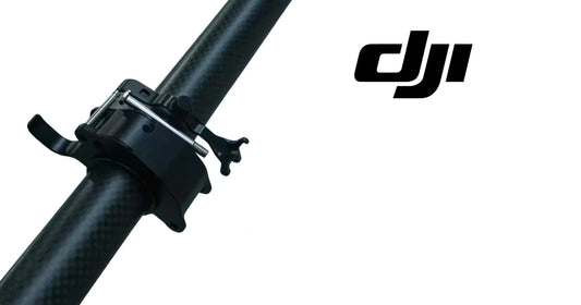 DJI Agras arm buckle module, black clamp secured to dark carbon-fiber tube
