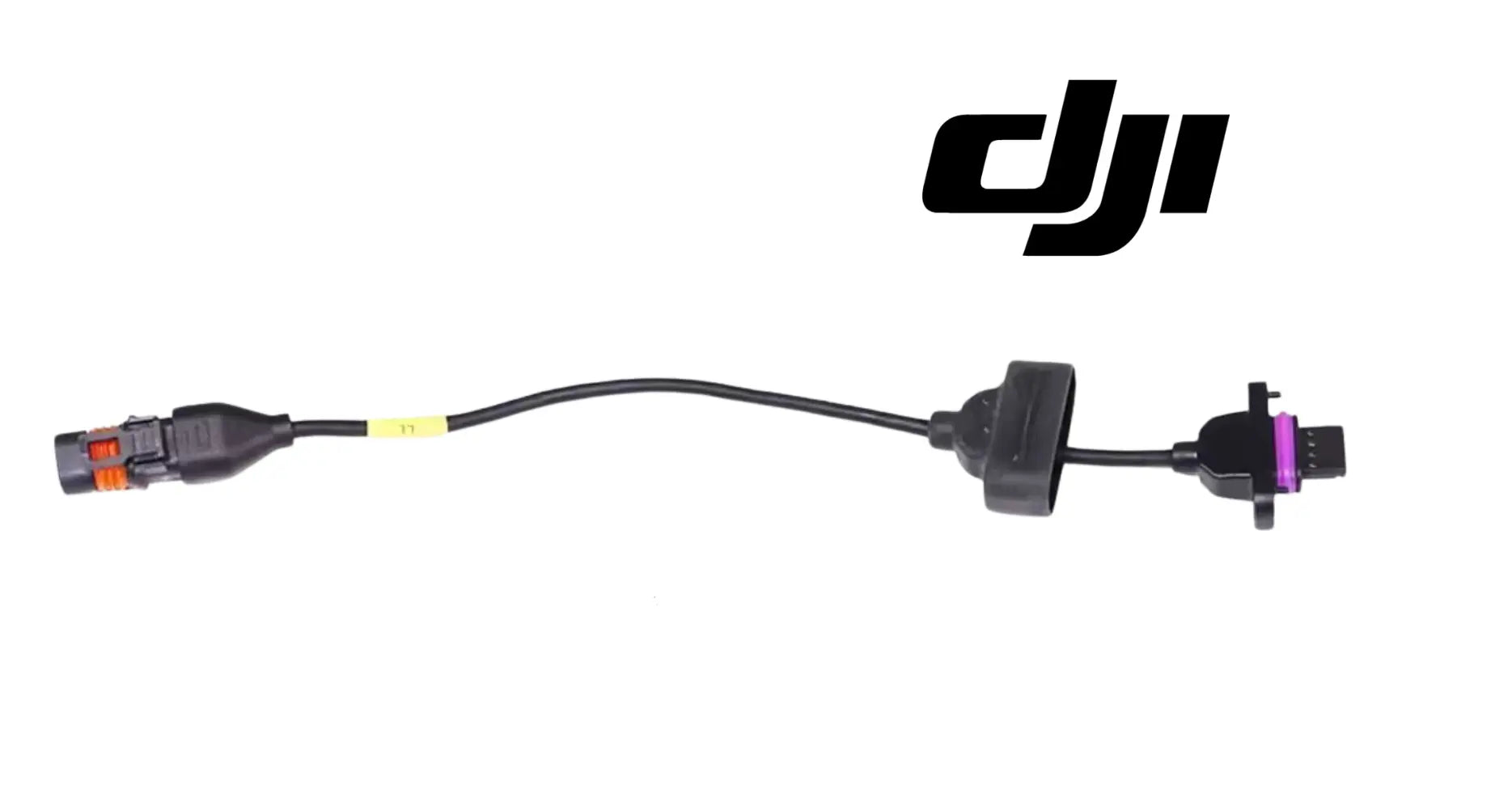 DJI Agras flow meter signal cable with black connectors and yellow label