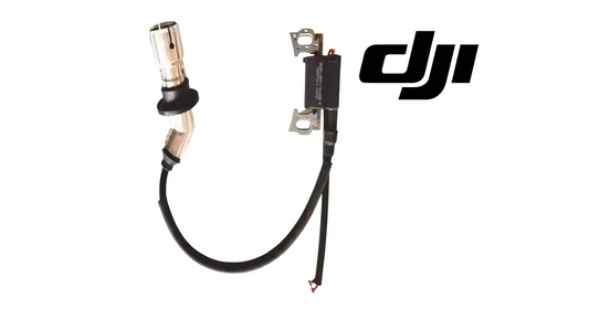 DJI starter relay module with two metal mounting tabs and black wire leads