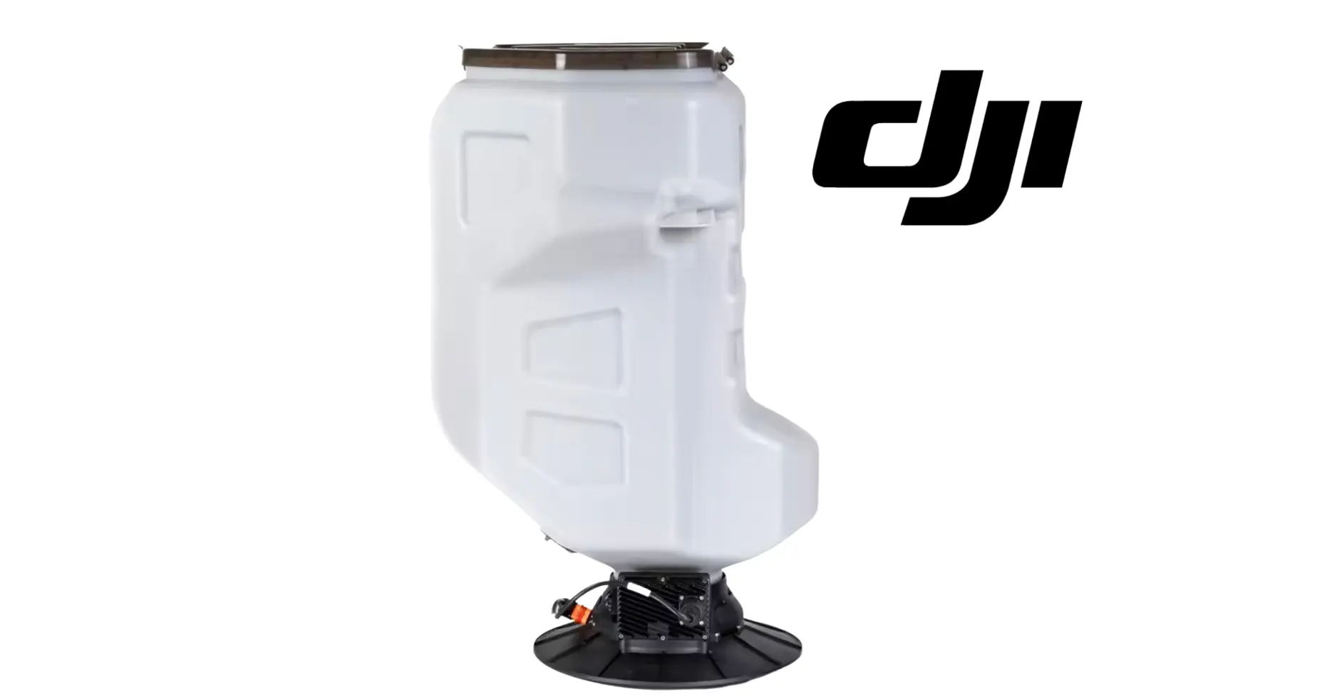 White 75L spread tank with black stand base and DJI logo