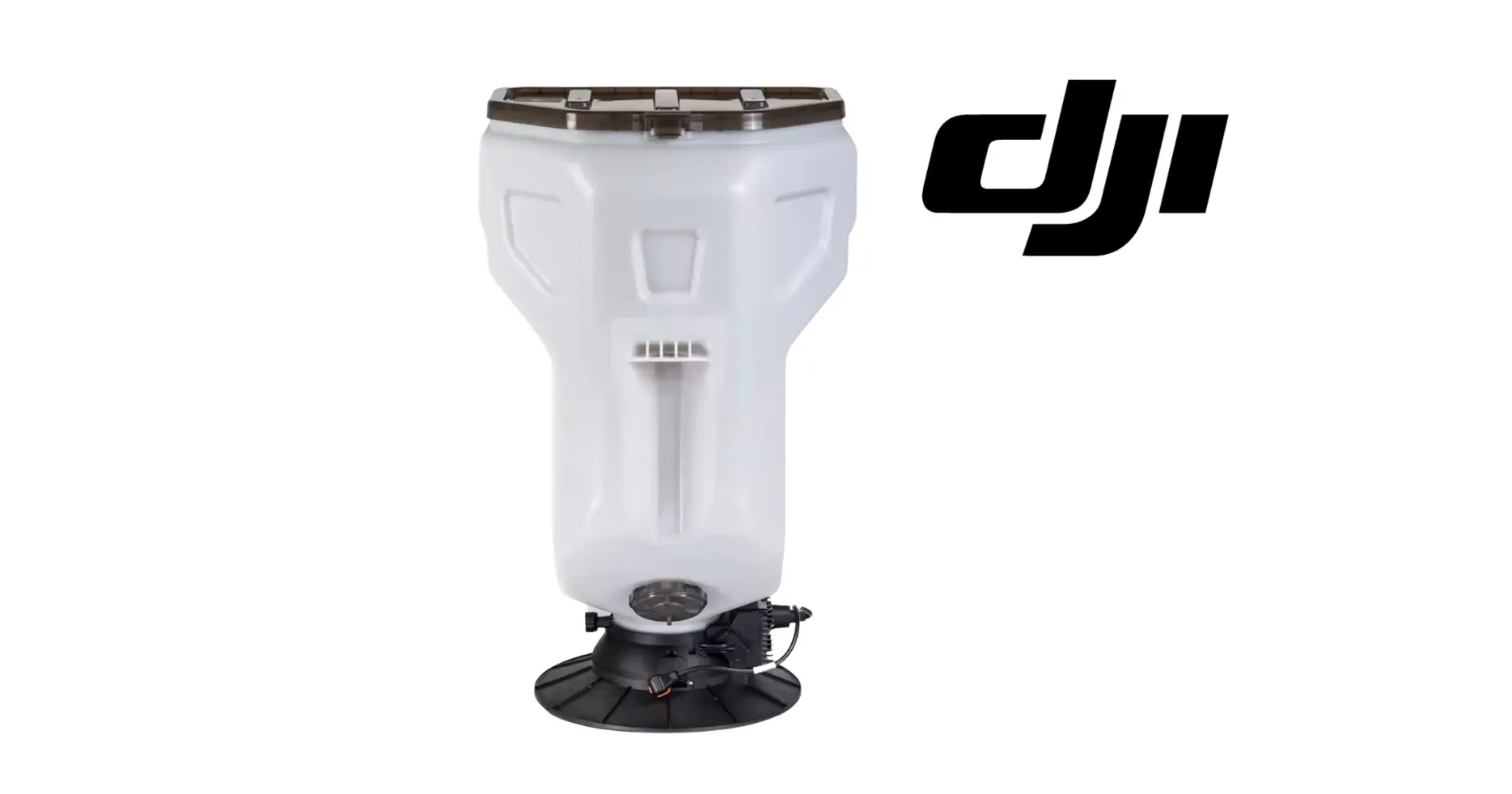 White spread tank with outlet pipe and black base stand, DJI logo visible