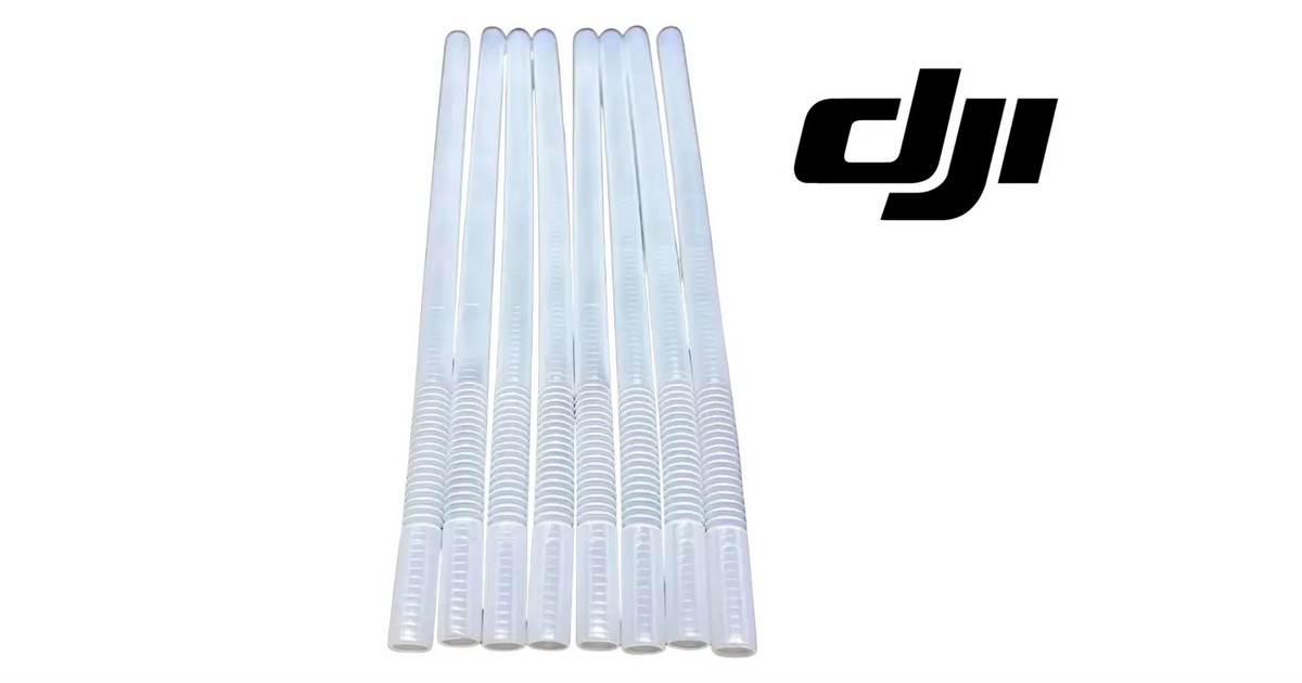 DJI Agras spray lance bellow hose front, light blue ribbed tubing bundle