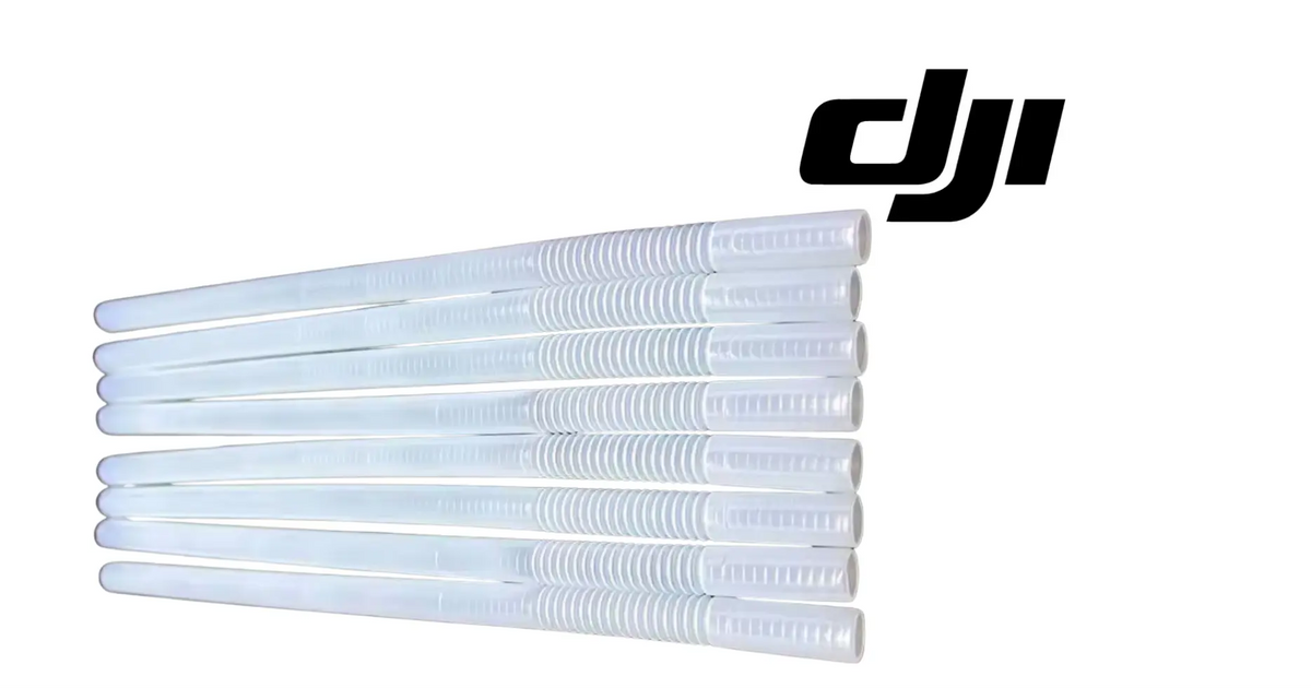 DJI Agras spray hose bellow, light blue ribbed tubing bundle from side view