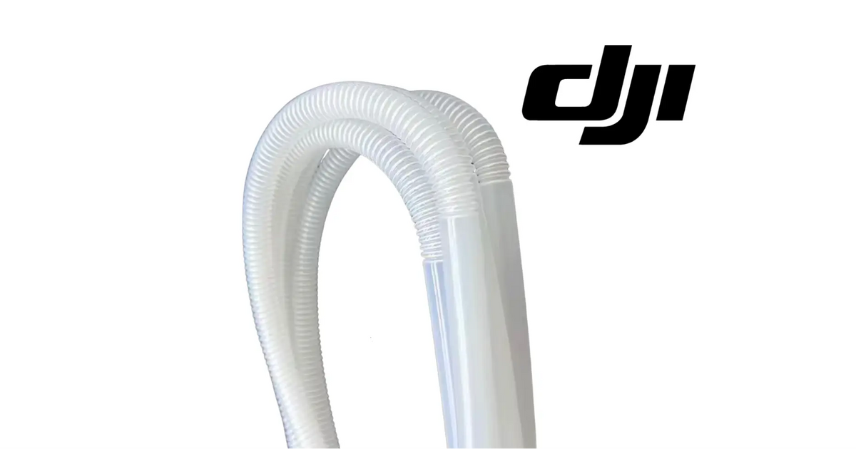 DJI Agras spray hose bellow, curved light blue ribbed hose connector