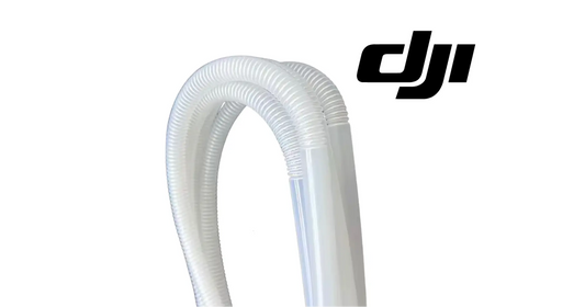 DJI Agras spray hose bellow, curved light blue ribbed hose connector