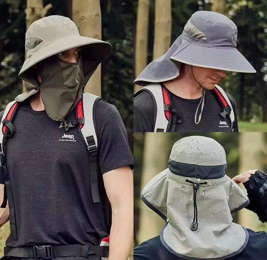 Wide-brim sun hat with neck cape, light khaki with dark inner face opening