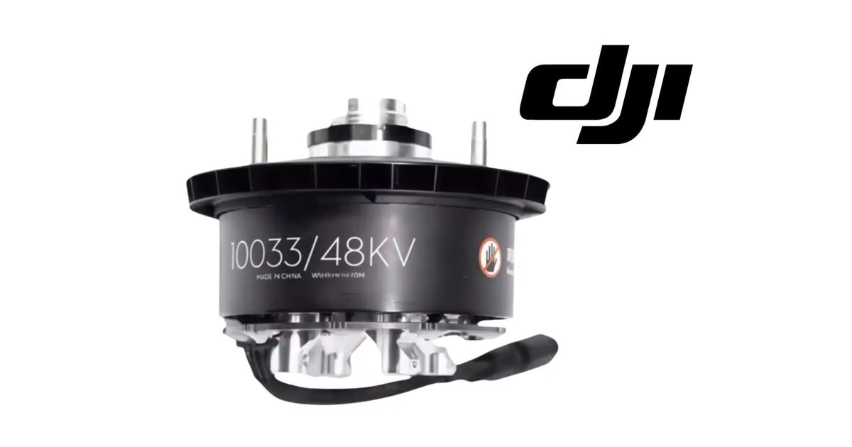 DJI Agras T20P propulsion motor, black cylindrical housing with silver fittings and cable.