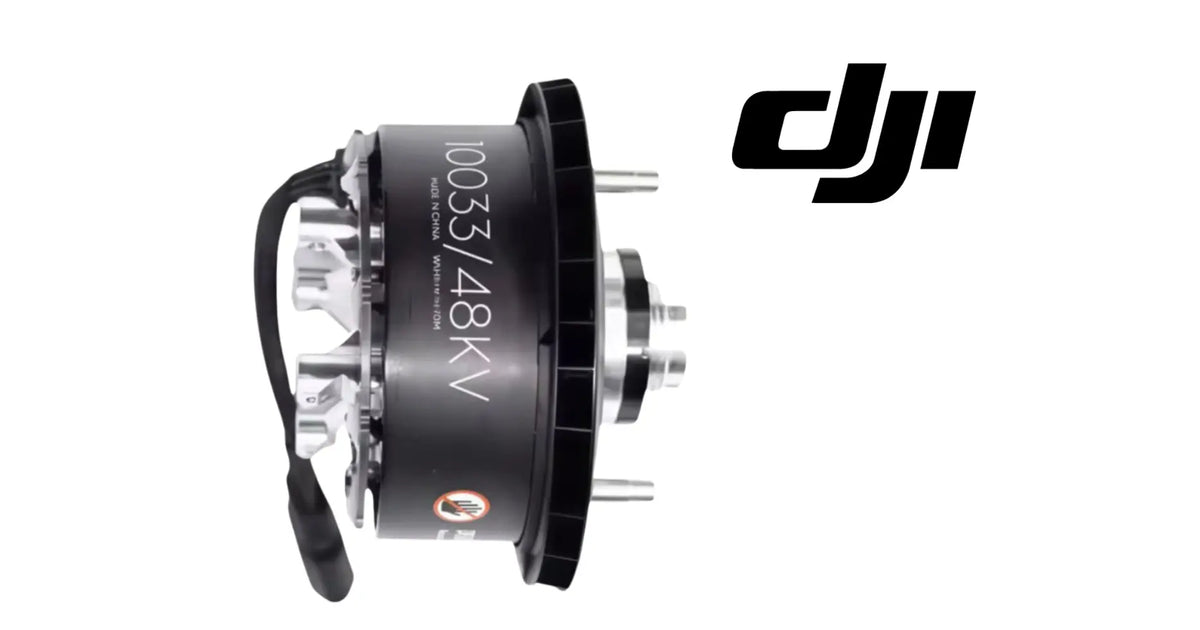 DJI Agras T20P propulsion motor shown from the side, with black housing, cable, and metal fittings.