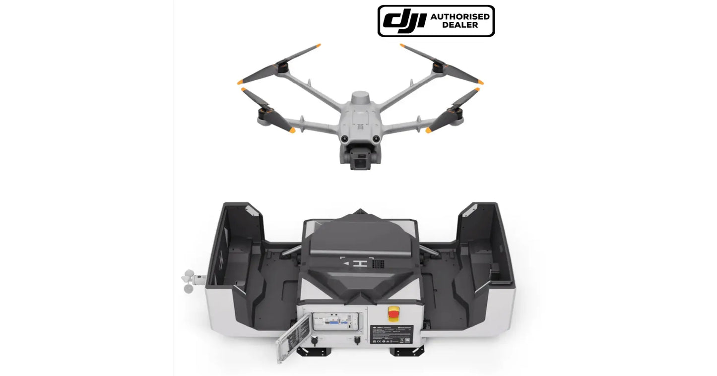 DJI Dock 2 docking station with drone above, front view