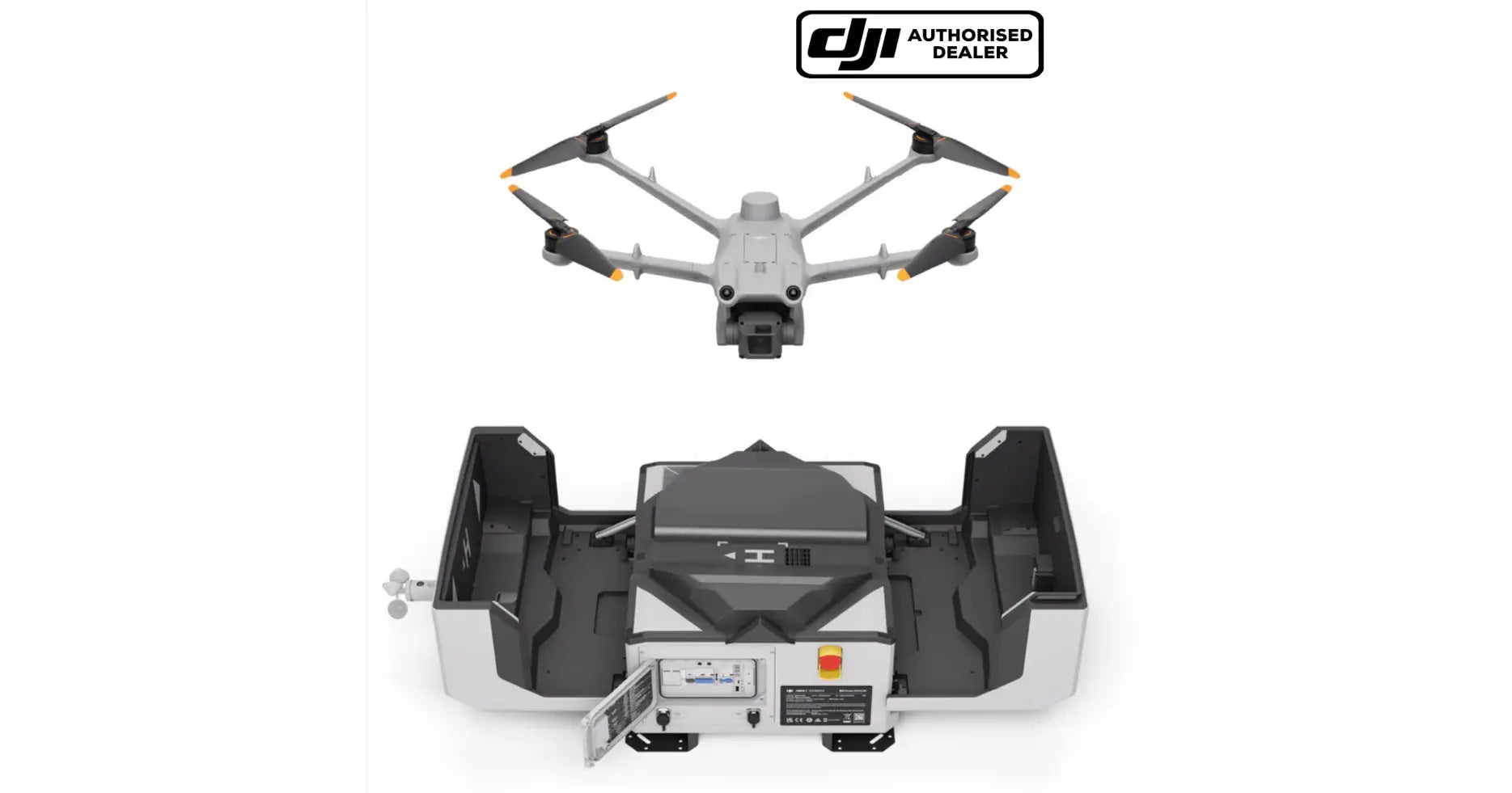 DJI Dock 2 docking station with drone above, front view