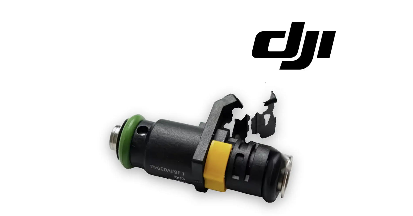 EFI fuel injector nozzle with green sensor and yellow ring, black cylindrical body