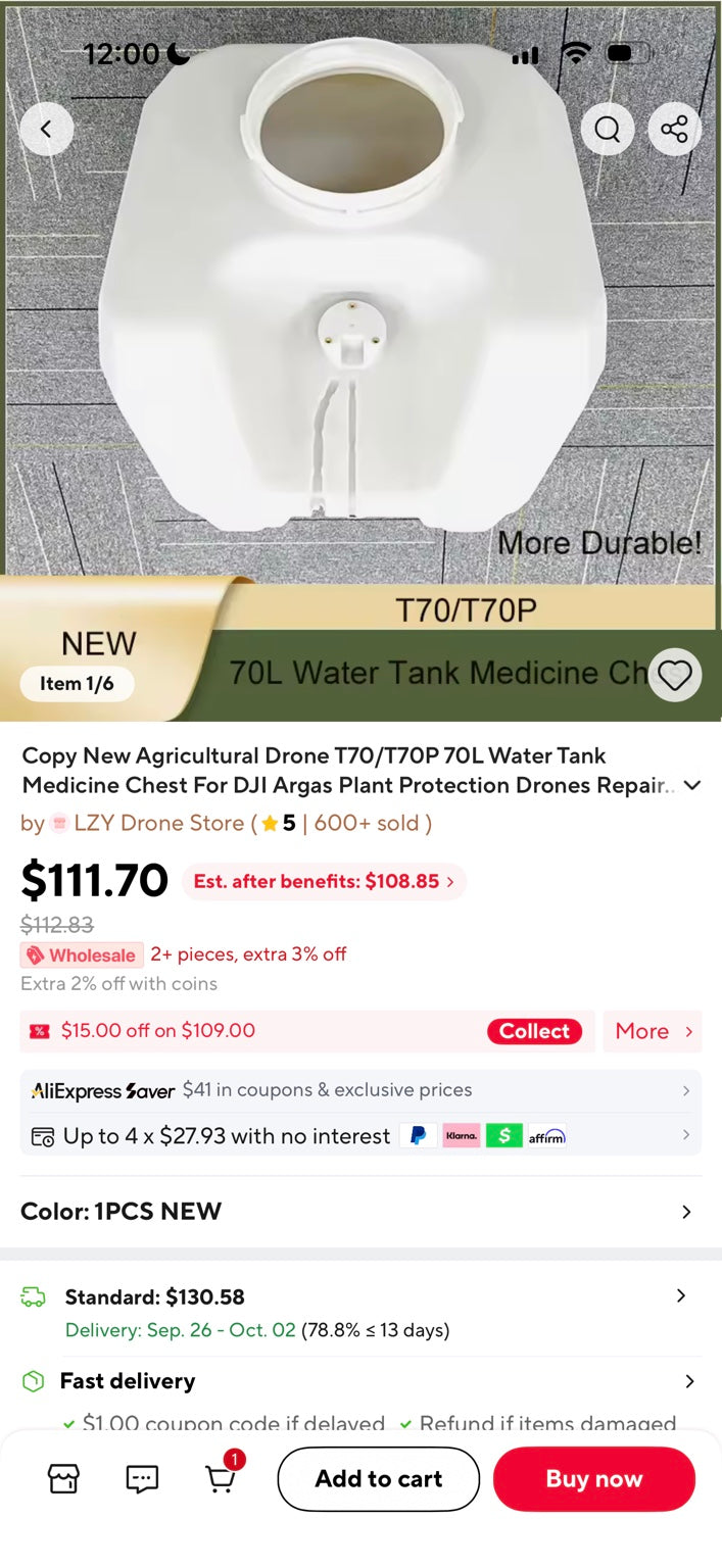 DJI Agras T70P 70L Replacement Water Tank supplier reference image