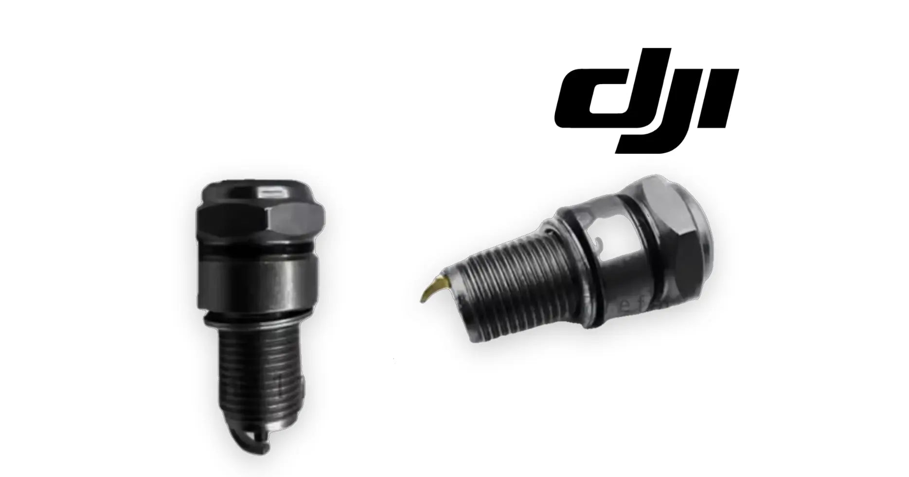 Spark plug with black insulator top and threaded metal shell, DJI