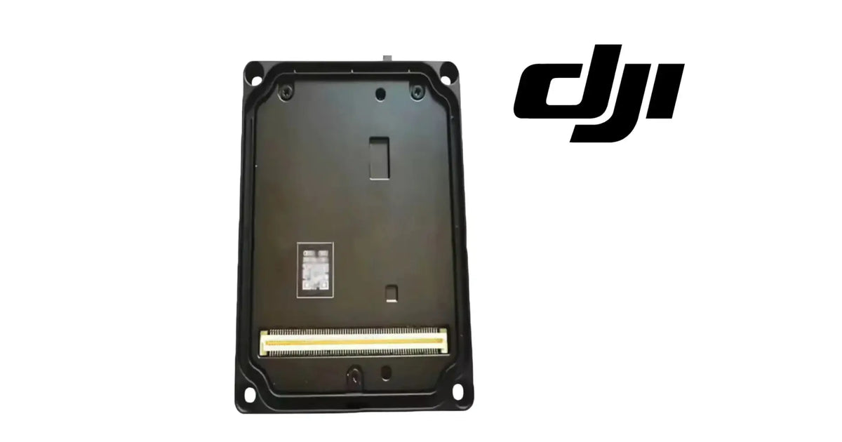 DJI T50 aerial electronics module housing, front panel with label window and ribbon connector.