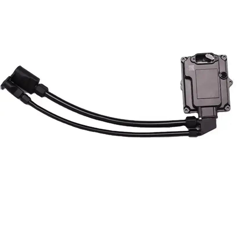 DJI aerial electronics module with black wiring harness, close view of cable and box
