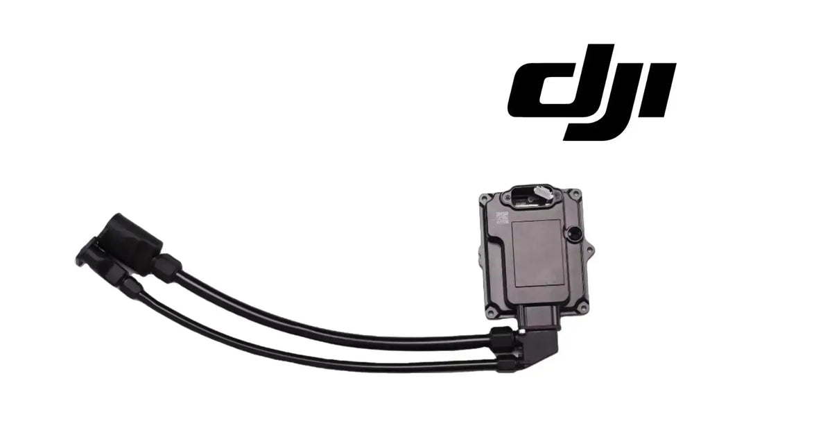 DJI aerial electronics module with black wiring harness, compact gray enclosure and cables